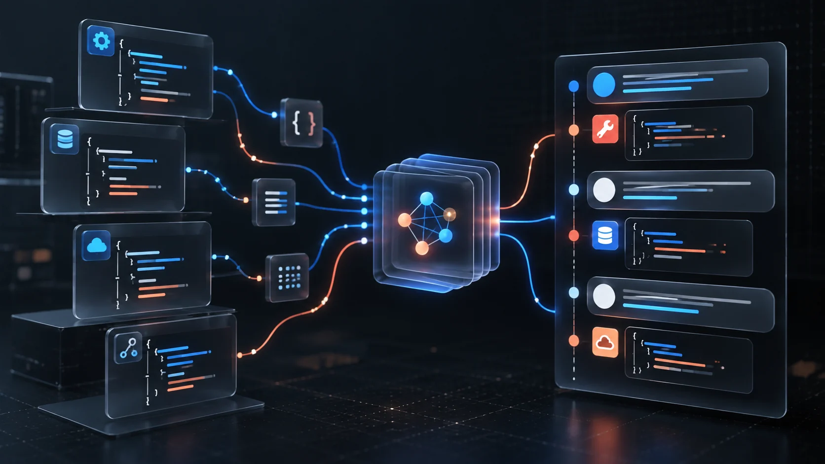 Tool schemas connected into a structured conversation trace